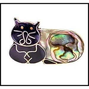 Alpaca Mexico Silver Cat  Kitty Brooch Pin Abalone Shell Figural Animal Jewelry
